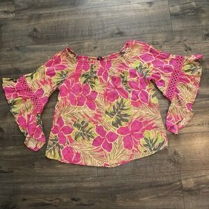 Unique Spectrum Women's 2XL Tropical Floral Bell Sleeve Top Boho Blouse